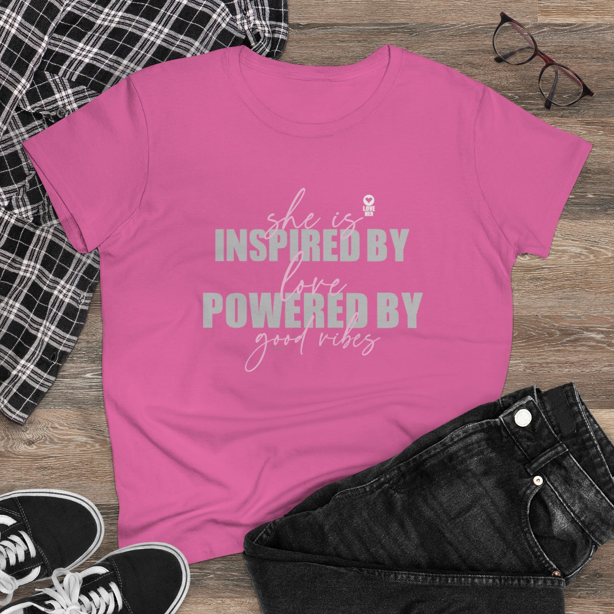 She is Inspired by LOVE .: Women's Midweight 100% Cotton Tee (Semi-fitted)